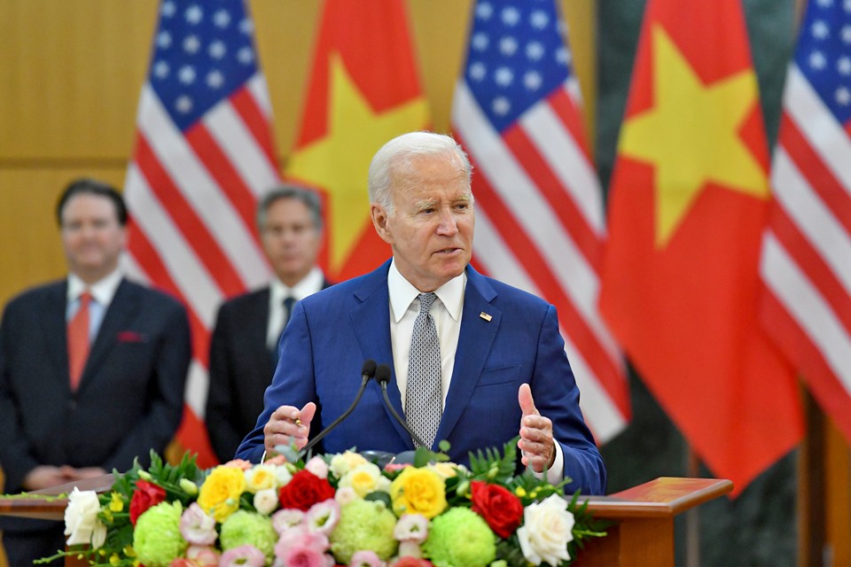 Tổng Bí thư Nguyễn Phú Trọng và Tổng thống Joe Biden phát biểu trước báo chí sau hội đàm.
