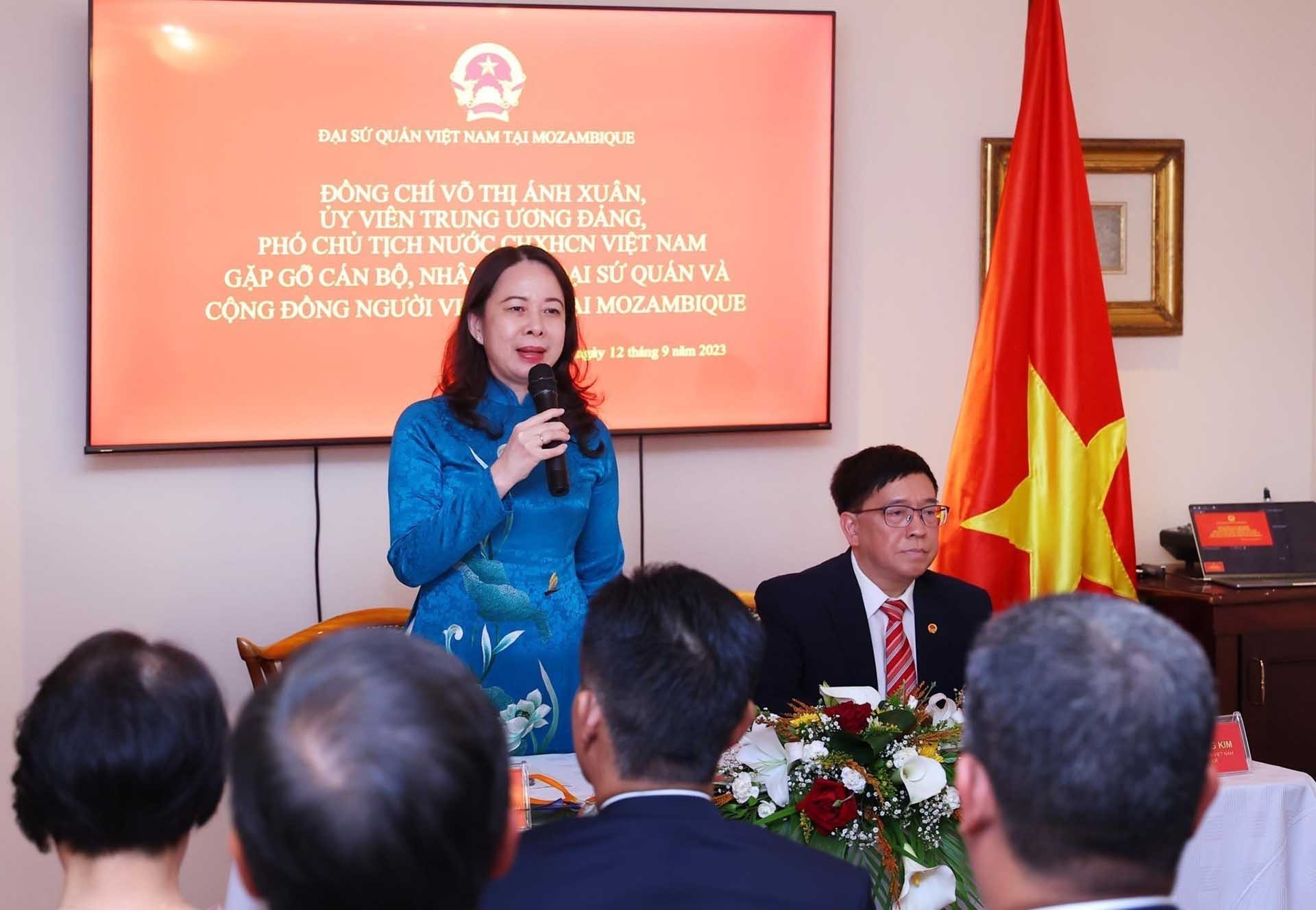 Phó Chủ tịch nước Võ Thị Ánh Xuân nói chuyện với nhân viên Đại sứ quán, đại diện cộng đồng người Việt Nam tại Mozambique. (Nguồn: TTXVN)