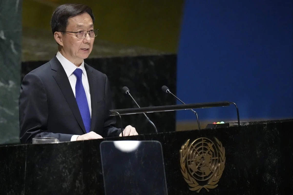 Phó Chủ tịch Trung Quốc Han Zheng phát biểu tại phiên họp thứ 78 của Đại hội đồng Liên hợp quốc hôm thứ Năm tại trụ sở Liên hợp quốc. Ảnh: AP