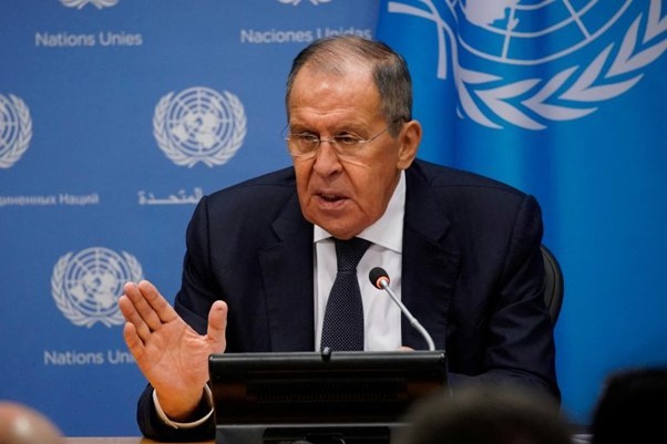 Ngoại trưởng Nga Sergei Lavrov phát biểu cuộc họp báo ngày 23/9 về kết quả phiên họp thứ 78 của Đại hội đồng Liên hợp quốc. (Nguồn: AFP)
