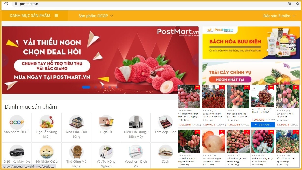 Vải thiều Bắc Giang trên sàn thương mại điện tử Postmart.vn. (Ảnh chụp màn hình)