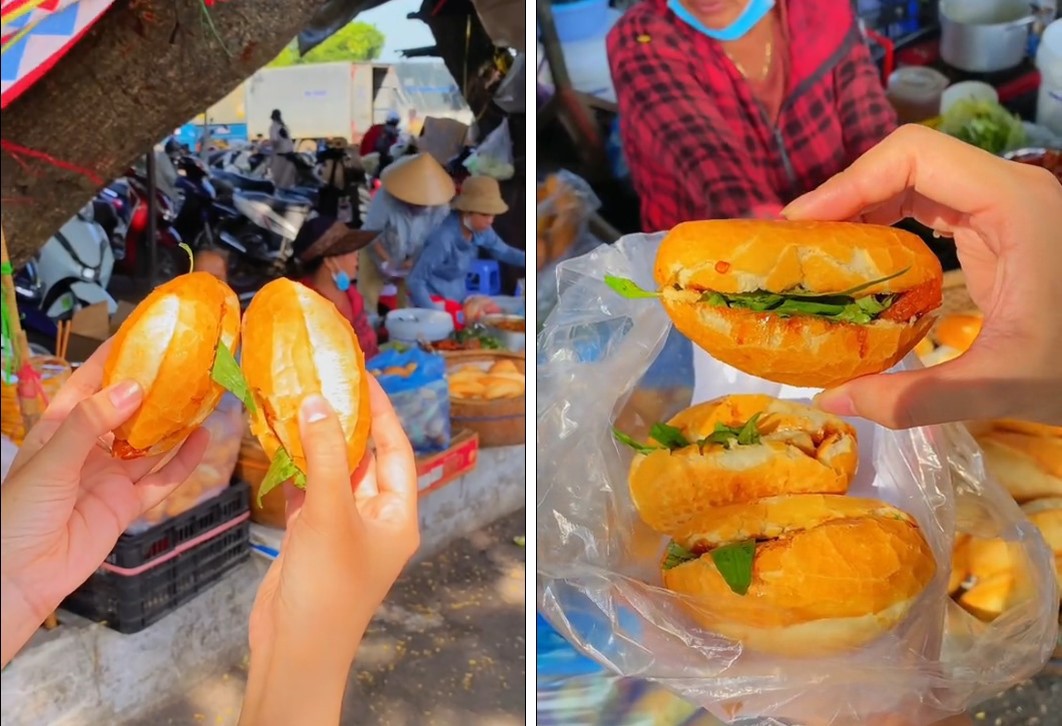 Chiếc bánh mì chỉ cỡ ba đầu ngón tay, dài bằng nửa gang tay hút khách thưởng thức (Ảnh chụp màn hình)