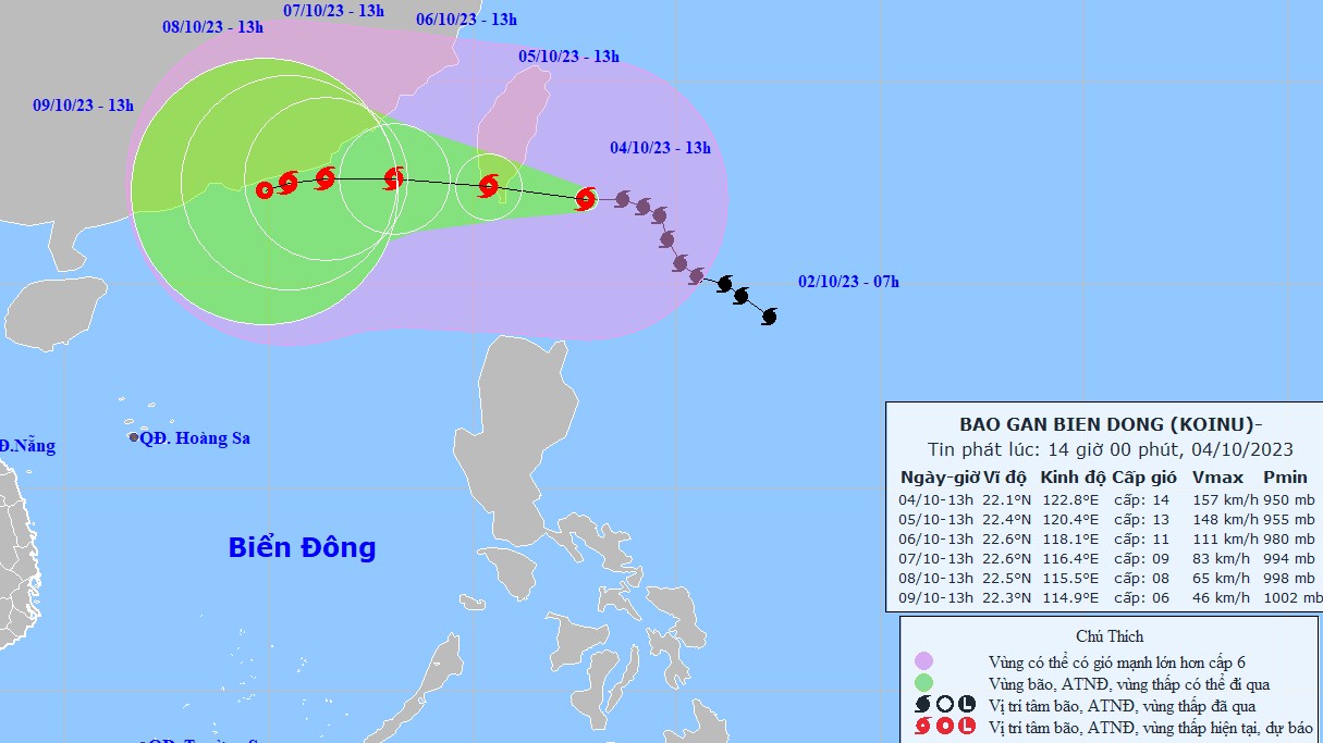 Dự báo bão Koinu: Từ ngày 5/10, vùng gần tâm bão gió cấp 11-12, giật cấp 15, sóng cao biển cao 6-8m; Trung Quốc ứng phó khẩn cấp