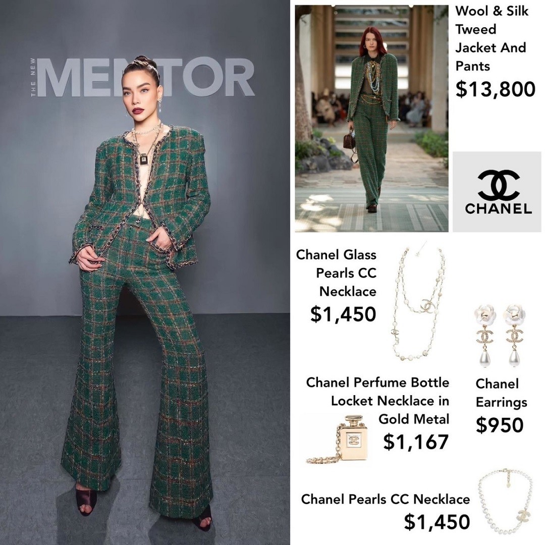 Bộ trang phục vải tweed đặc trưng Chanel của Hồ Ngọc Hà có giá 13.800 USD (khoảng 330 triệu đồng). Cô phối cùng loạt trang sức đồng thương hiệu, trị giá hàng nghìn USD. Nữ ca sĩ cho biết trong cuộc thi, cô có 1 vali trang sức của nhiều thương hiệu để thoải mái mix match với từng bộ cánh. 
