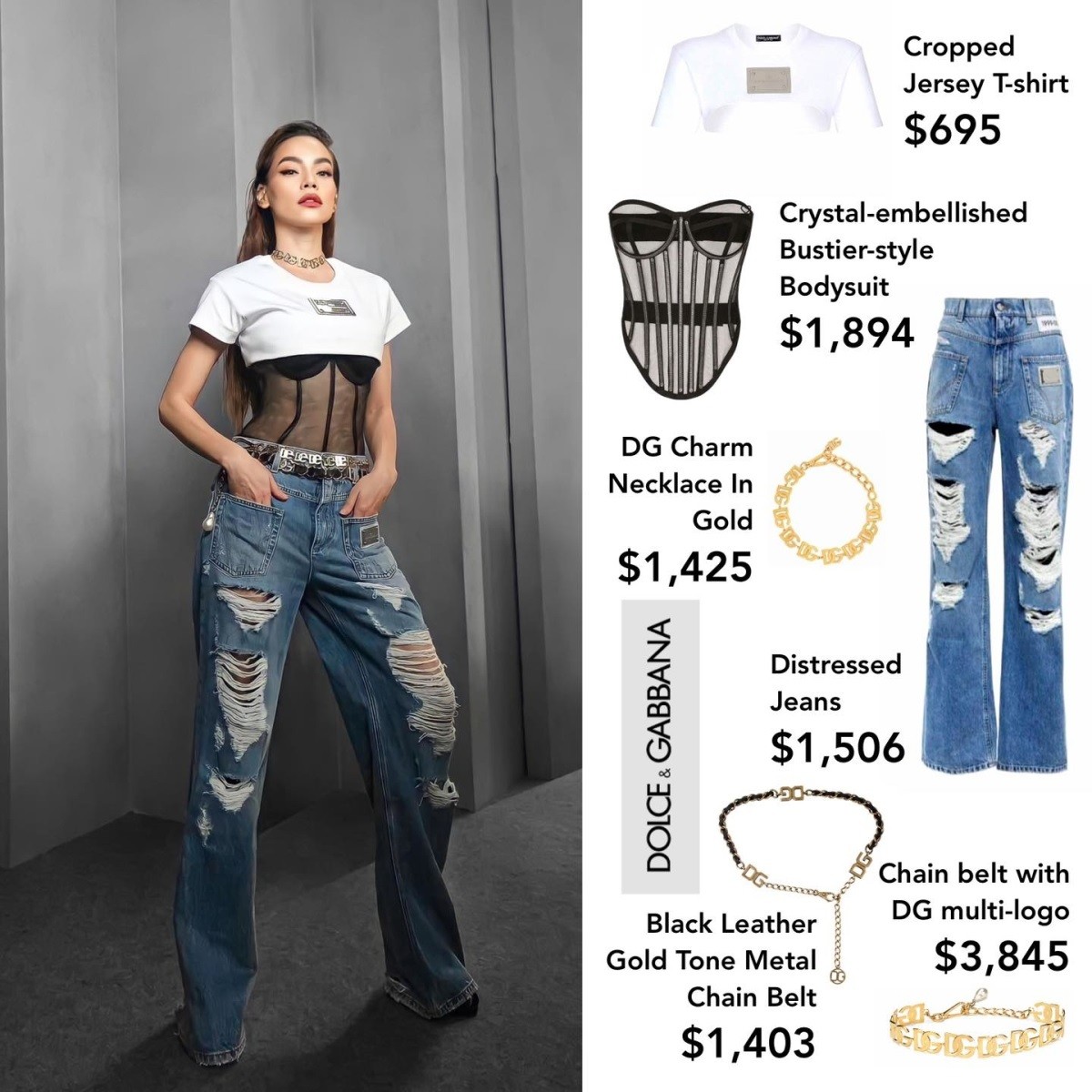 Phong cách cá tính được bà xã Kim Lý thể hiện qua set đồ gồm crop top phối cùng áo xuyên thấu và quần jeans rách. Tổng trị giá bộ cánh của cô là 10.768 USD (khoảng 256 triệu đồng). 