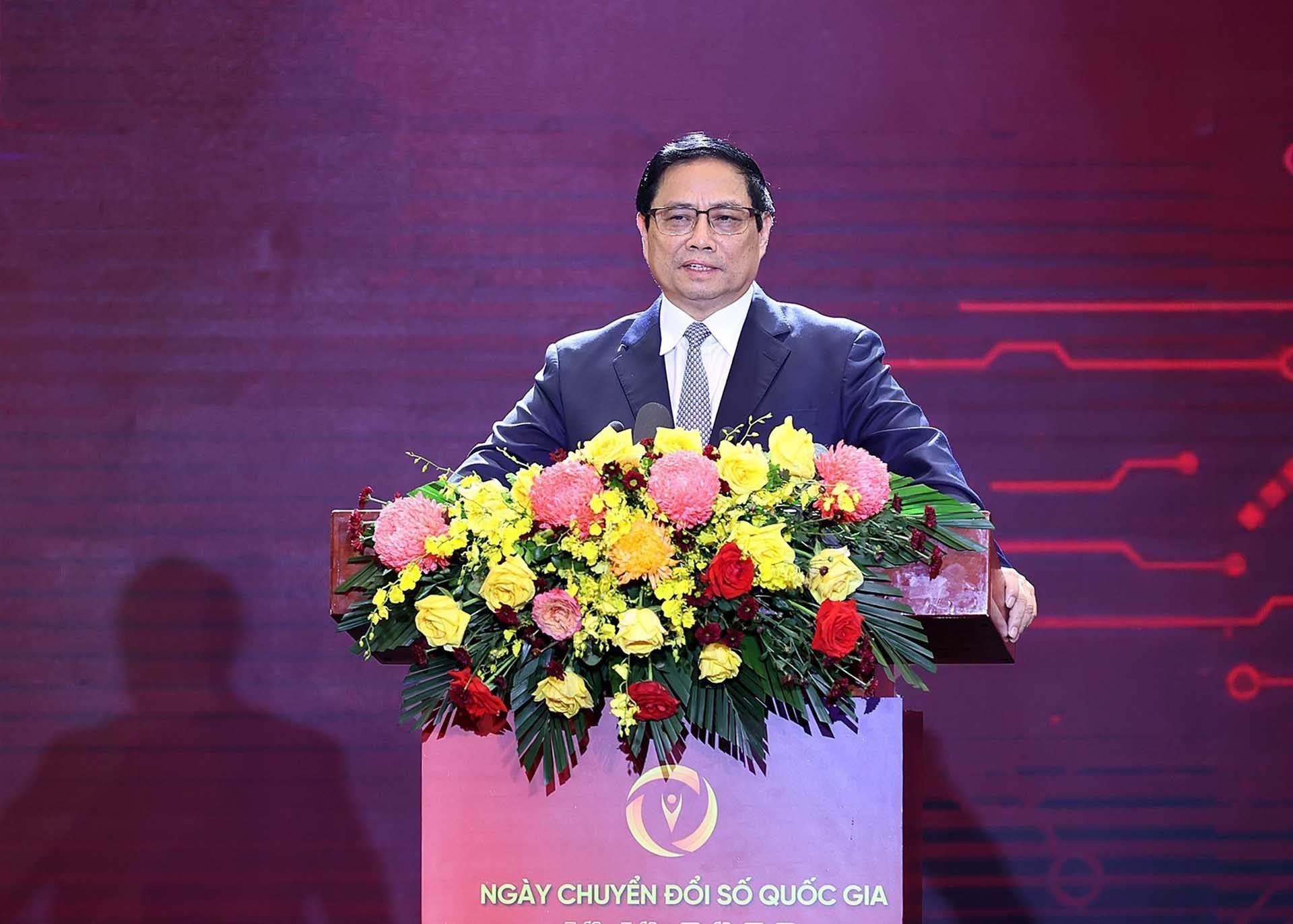 Thủ tướng Phạm Minh Chính phát biểu tại Ngày Chuyển đổi số quốc gia (10/10). (Nguồn: TTXVN)