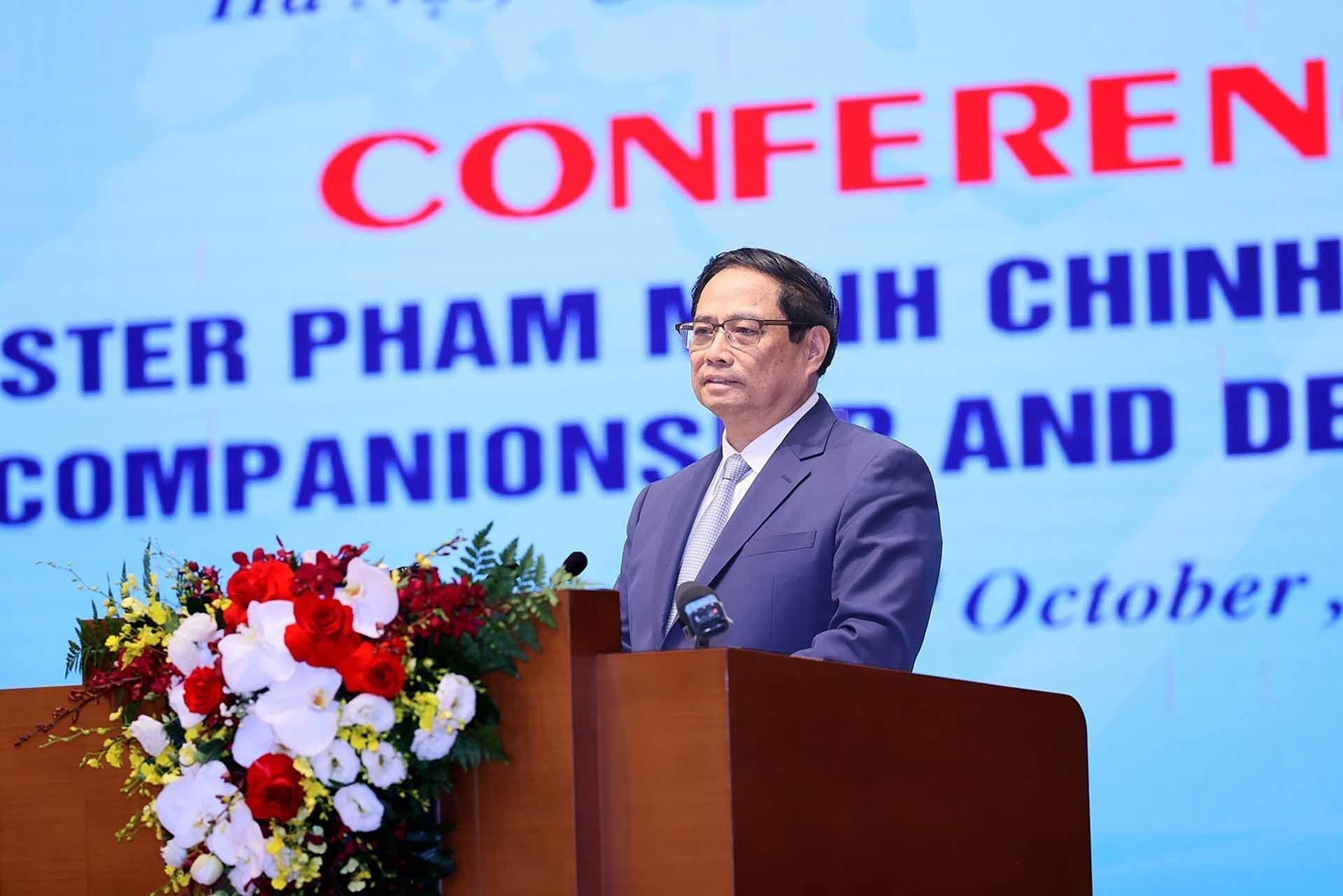 Thủ tướng Phạm Minh Chính phát biểu tại Hội nghị Thủ tướng Chính phủ với các doanh nghiệp đầu tư nước ngoài. (Nguồn: TTXVN)