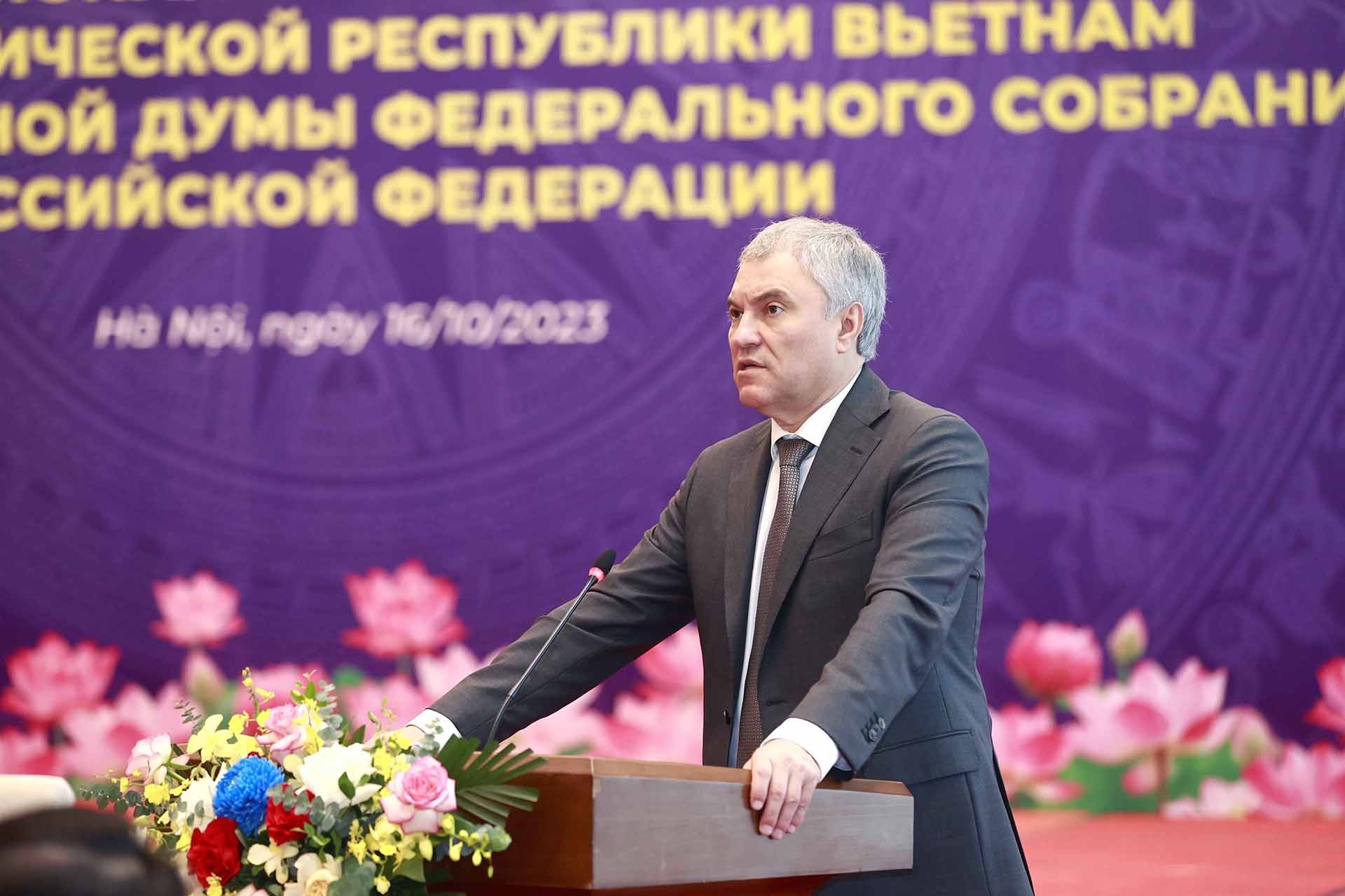 Chủ tịch Duma Quốc gia Quốc hội Liên bang Nga Vyacheslav Viktorovich Volodin phát biểu. (Nguồn: TTXVN)