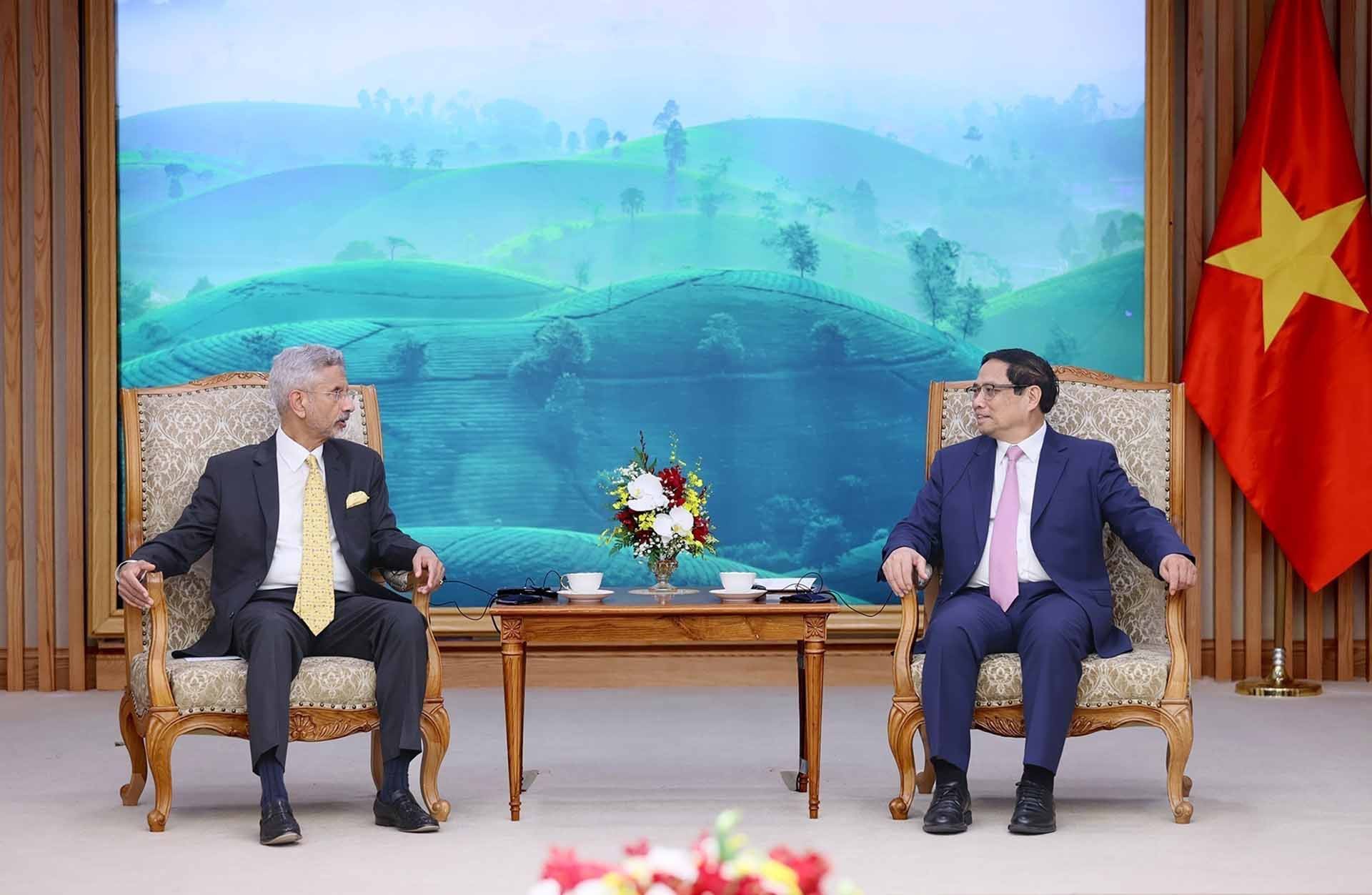 Thủ tướng Phạm Minh Chính tiếp Bộ trưởng Ngoại giao Ấn Độ Subramanyam Jaishankar. (Nguồn: TTXVN)