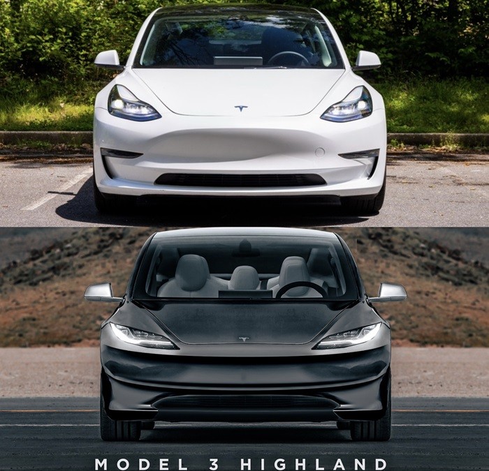 Điểm khác biệt về mặt trước của Tesla Model 3 phiên bản cũ (trên) và Tesla Model 3 phiên bản Highland 2024 (dưới)