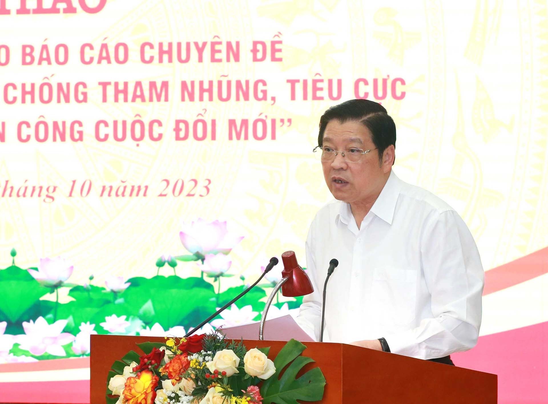 Đồng chí Phan Đình Trạc, Ủy viên Bộ Chính trị, Bí thư Trung ương Đảng, Trưởng ban Nội chính Trung ương phát biểu tại hội thảo. (Nguồn: TTXVN)