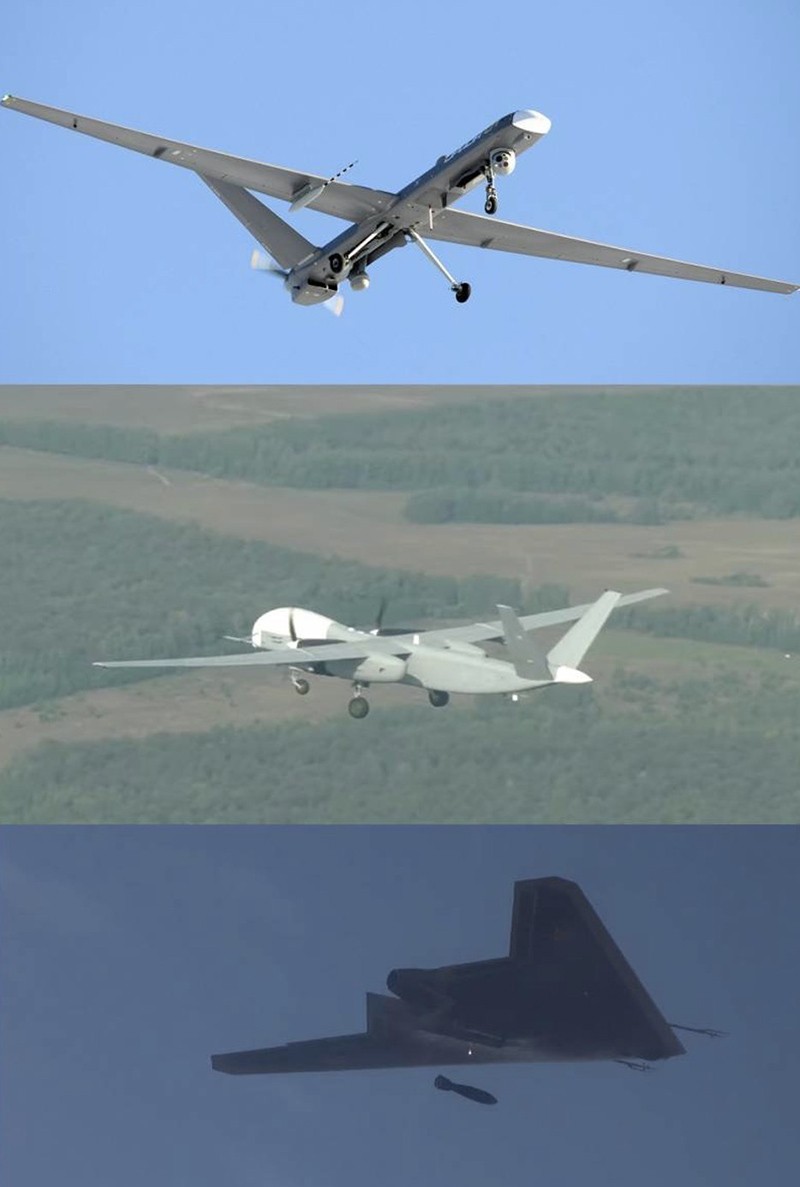 UAV Orion (trên cùng), UAV Altair/Altius (giữa) và UAV S-70 Okhotnik (dưới)