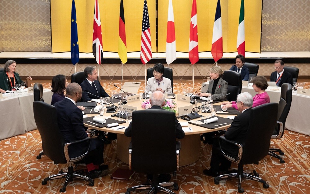 (11.08) Ngoại trưởng G7 nhóm họp tại Tokyo, Nhật Bản đã ra tuyên bố chung đề cập tới xung đột Nga-Ukraien và Israel-Hamas. (Nguồn: Reuters)