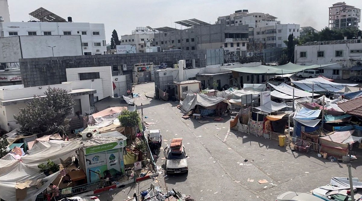 Tents and shelters used by displaced Palestinians stand at the yard of Al Shifa hospital during the Israeli ground operation around the hospital, in Gaza City, on November 12. Ahmed El Mokhallalati via Reuters