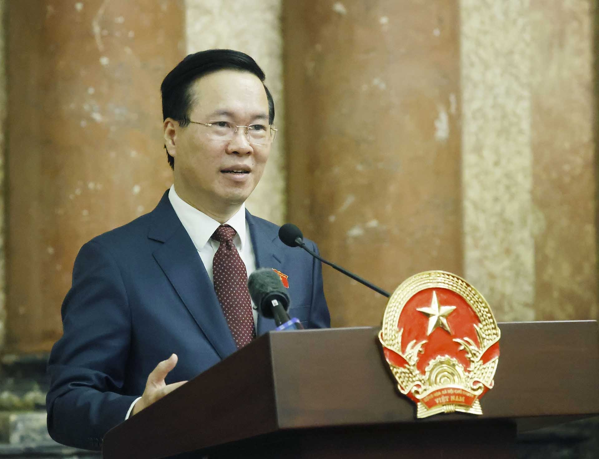 Chủ tịch nước Võ Văn Thưởng, Chủ tịch danh dự Hội Chữ thập đỏ Việt Nam phát biểu. (Nguồn: TTXVN)