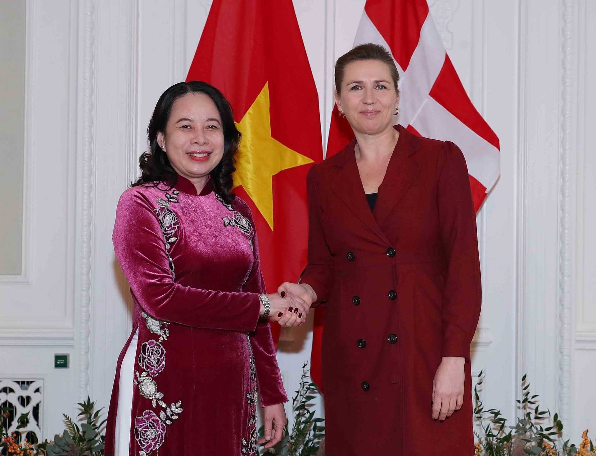 Thủ tướng Đan Mạch Mette Frederiksen đón Phó Chủ tịch nước Võ Thị Ánh Xuân. (Nguồn: TTXVN)