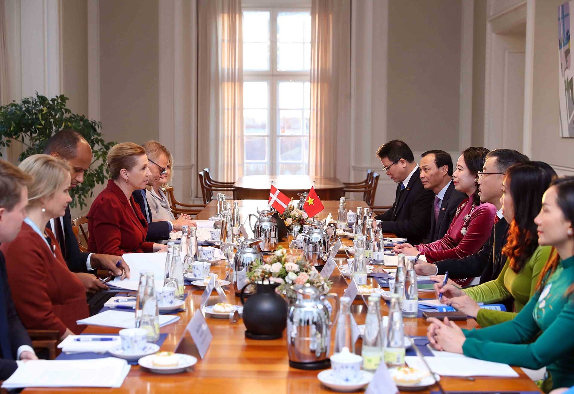 Phó Chủ tịch nước Võ Thị Ánh Xuân hội đàm với Thủ tướng Đan Mạch Mette Frederiksen. (Nguồn: TTXVN)