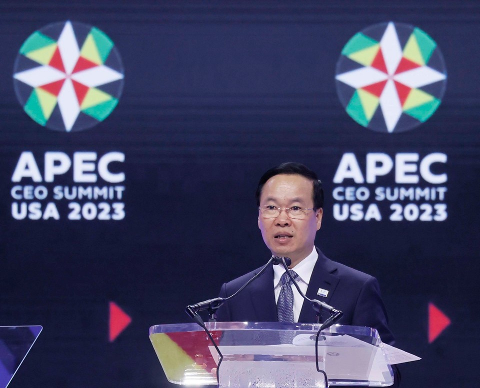 Chủ tịch nước Võ Văn Thưởng phát biểu tại Hội nghị Thượng đỉnh Doanh nghiệp APEC 2023 với chủ đề ‘Phát triển bền vững và bao trùm’.