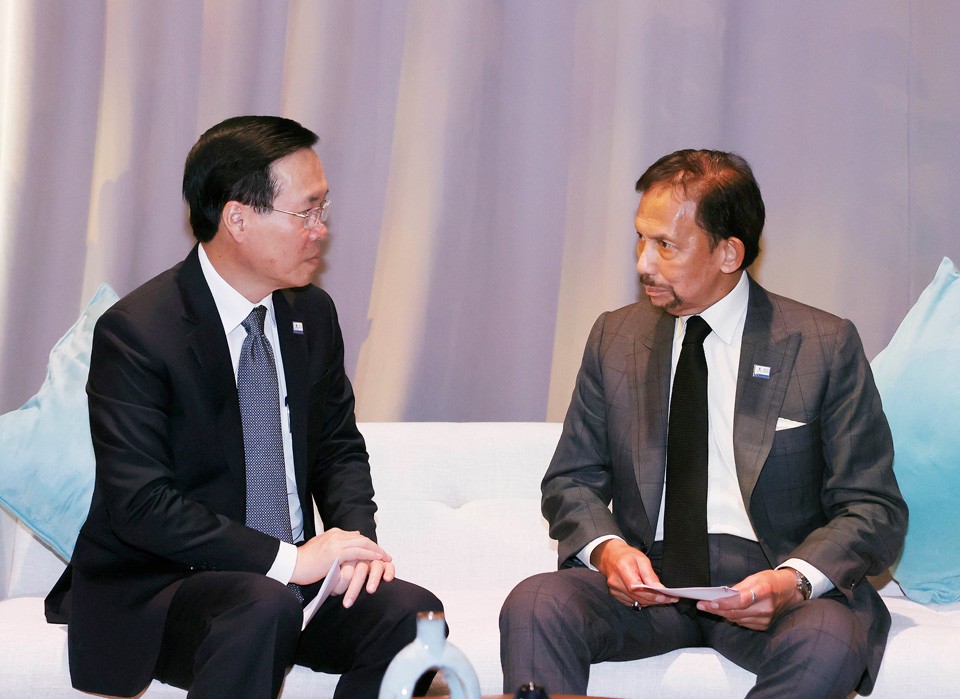 Từ trái qua phải, từ trên xuống: Chủ tịch nước Võ Văn Thưởng tiếp, gặp Thủ tướng Malaysia Anwar Ibrahim, Quốc vương Brunei Haji Hassanal Bolkiah, Thủ tướng Canada Justin Trudeau và Thủ tướng Canada Justin Trudeau.