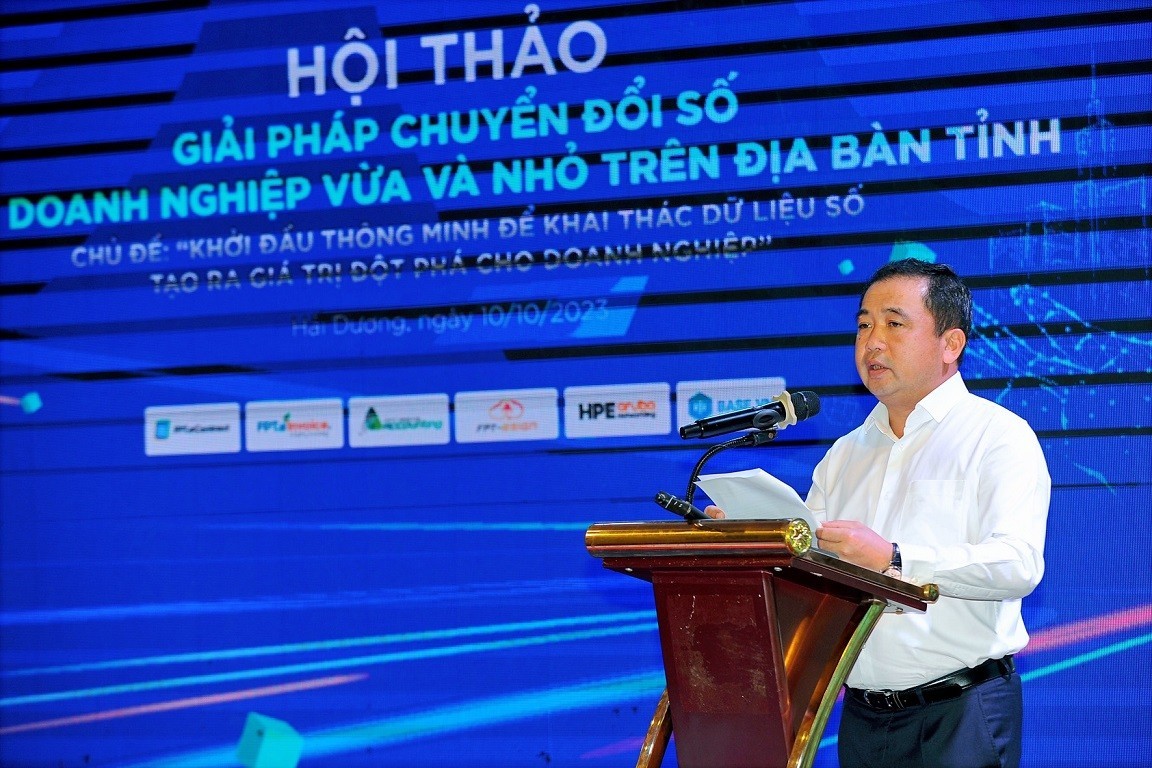 Bí thư Tỉnh ủy Hải Dương Trần Đức Thắng phát biểu tại Hội thảo về giải pháp chuyển đổi số cho doanh nghiệp nhỏ và vừa, ngày 10/10/2023.