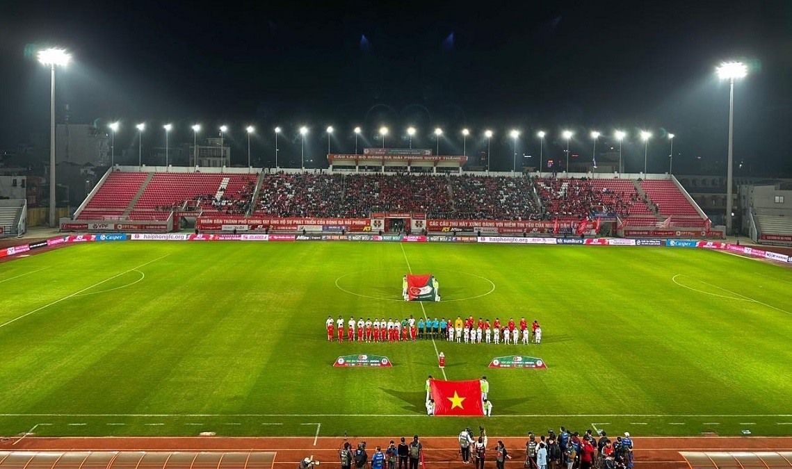 Đội hình ra sân của CLB Hải Phòng và CLB Công an Hà Nội tại vòng 4 V-League 2023/24.. (Nguồn: Hải Phòng FC)