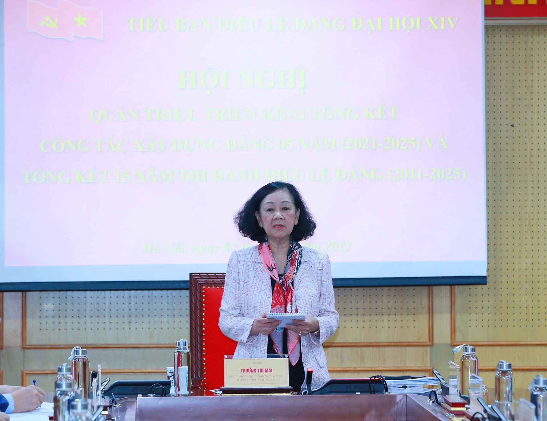 Đồng chí Trương Thị Mai, Ủy viên Bộ Chính trị, Thường trực Ban Bí thư, Trưởng Ban Tổ chức Trung ương, Trưởng Tiểu ban phát biểu chỉ đạo hội nghị. (Nguồn: TTXVN)