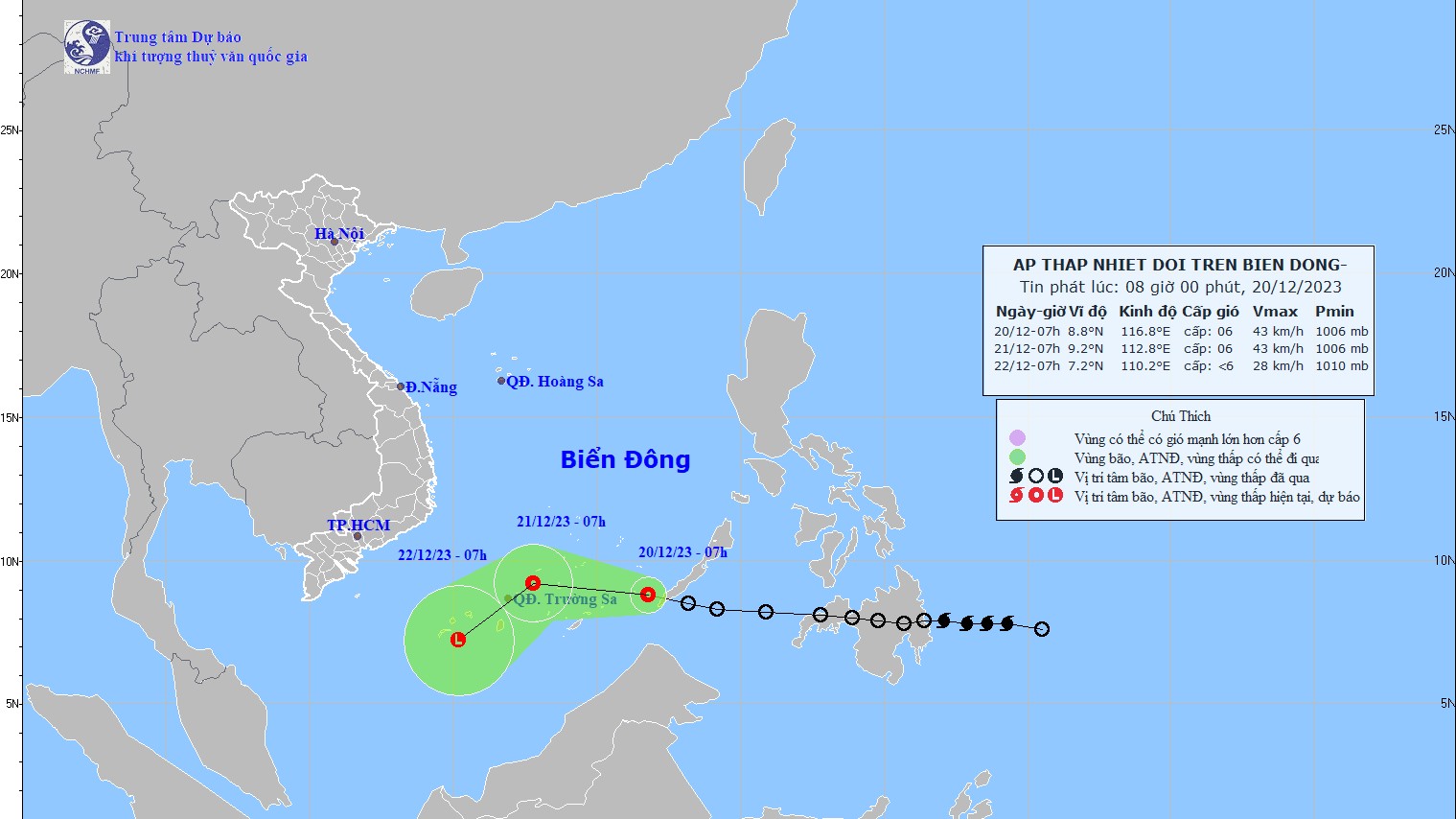 Dự báo áp thấp nhiệt đới trên Biển Đông: Vùng biển quần đảo Trường Sa có gió mạnh cấp 6, giật cấp 8