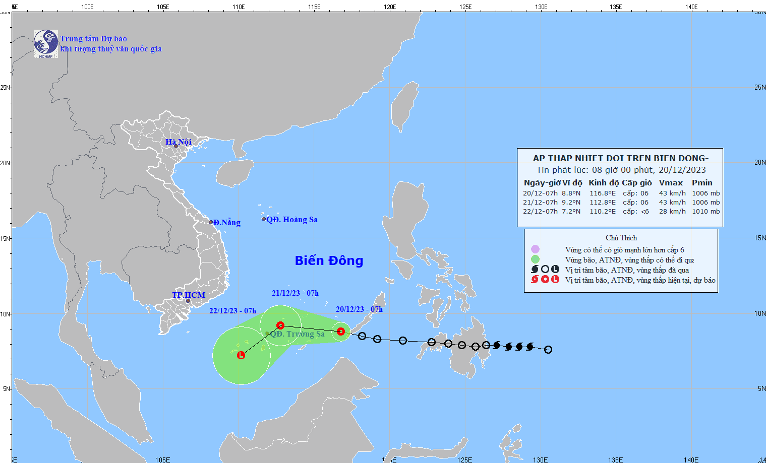 Dự báo áp thấp nhiệt đới trên Biển Đông: Vùng biển quần đảo Trường Sa có gió mạnh cấp 6, giật cấp 8