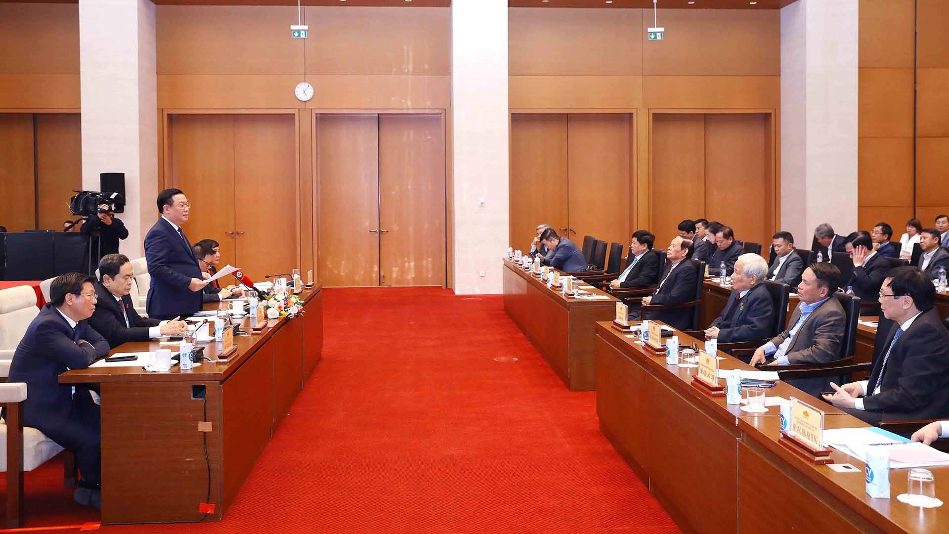 Chủ tịch Quốc hội Vương Đình Huệ chủ trì cuộc gặp mặt các cơ quan thông tấn, báo chí năm 2023. (Nguồn: TTXVN)