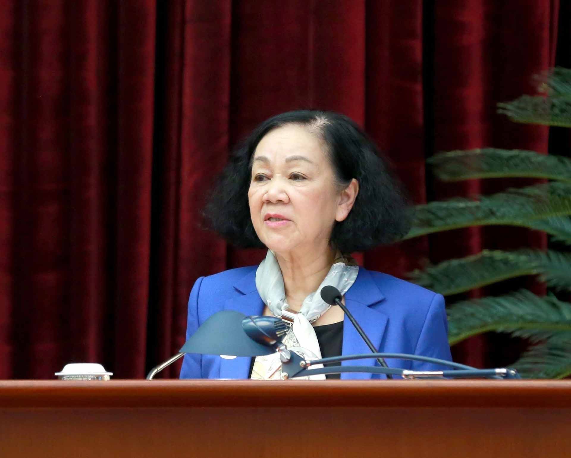 Đồng chí Trương Thị Mai, Ủy viên Bộ Chính trị, Thường trực Ban Bí thư, Trưởng ban Tổ chức Trung ương phát biểu. (Nguồn: TTXVN)