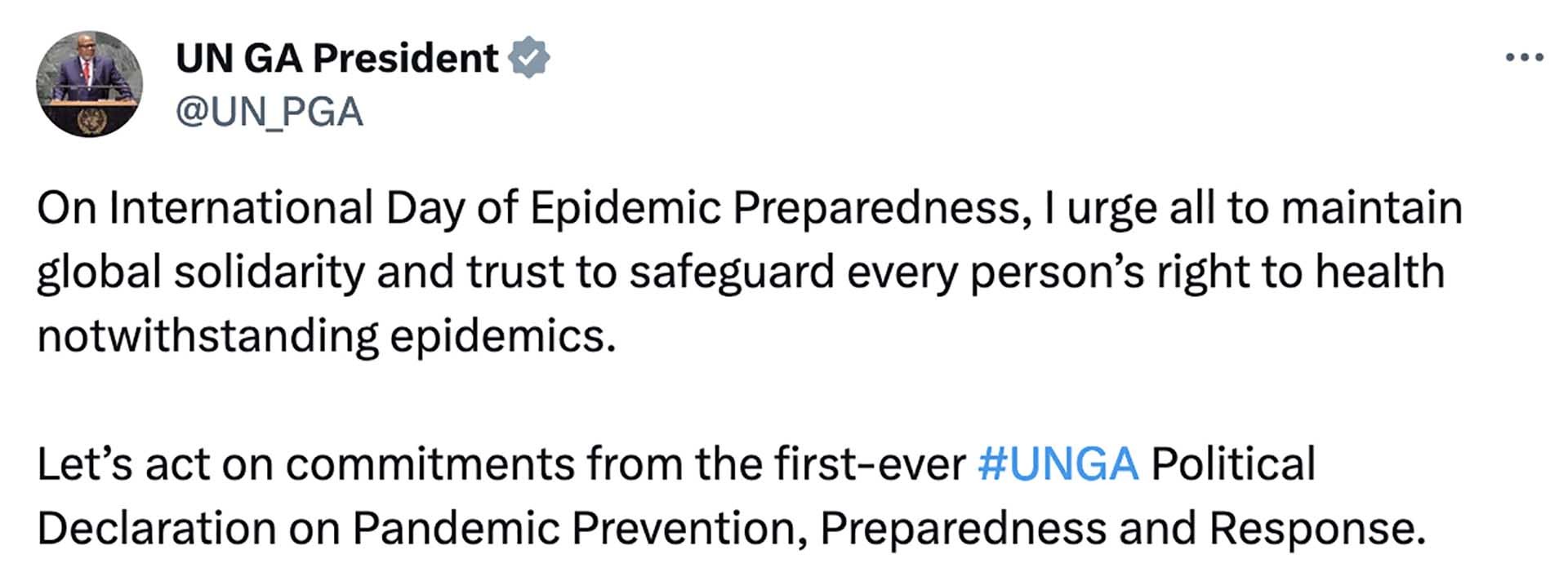 Chủ tịch Đại hội đồng Liên hợp quốc Dennis Francis gửi thông điệp nhân dịp Ngày quốc tế sẵn sàng phòng chống dịch bệnh.