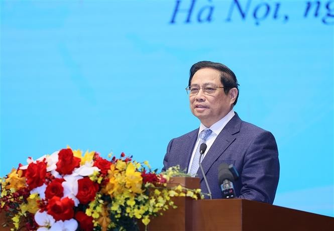 Thủ tướng Phạm Minh Chính phát biểu tại Hội nghị hợp tác đầu tư Việt Nam – Lào 2024. Ảnh: Dương Giang-TTXVN