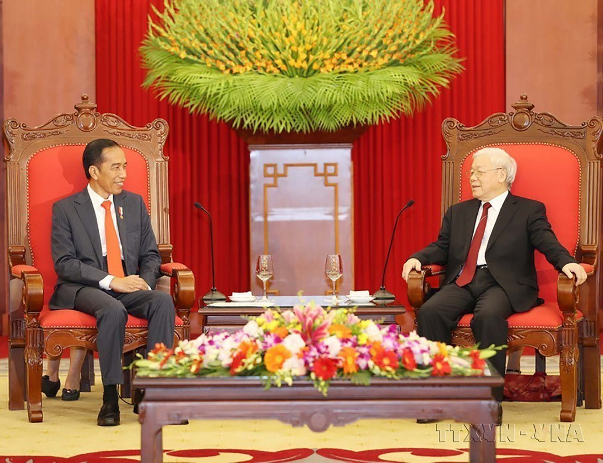 Tổng Bí thư Nguyễn Phú Trọng tiếp Tổng thống Indonesia Joko Widodo thăm cấp Nhà nước Việt Nam lần đầu tiên vào năm 2018. (Nguồn: TTXVN)