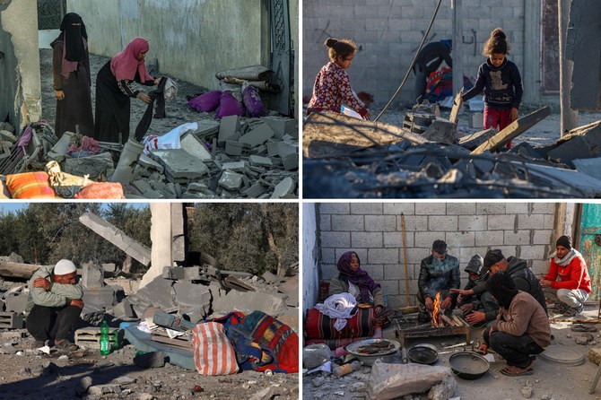 Người Palestine sàng lọc đống đổ nát từ những ngôi nhà của họ bị phá hủy bởi cuộc ném bom của Israel ở Rafah, ngoại ô Dải Gaza, vào ngày 13 tháng 1 năm 2024. (ảnh AFP)
