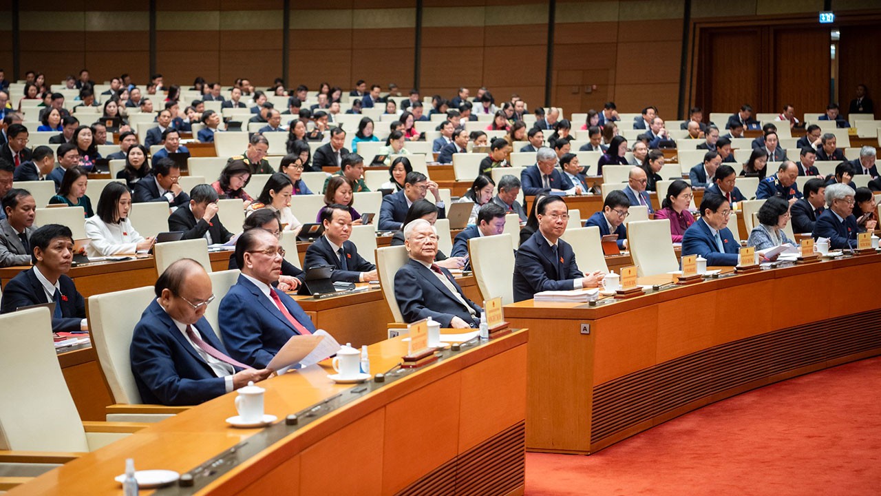 Tổng Bí thư Nguyễn Phú Trọng cùng các lãnh đạo Đảng, Nhà nước, nguyên lãnh đạo Đảng, Nhà nước, các đại biểu Quốc hội tham dự phiên khai mạc