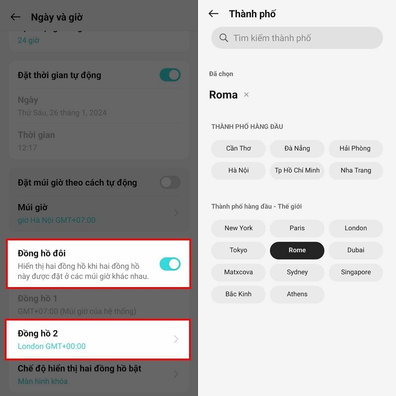 Bật đồng hồ kép trên OPPO để xem thời gian ở các địa điểm khác nhau