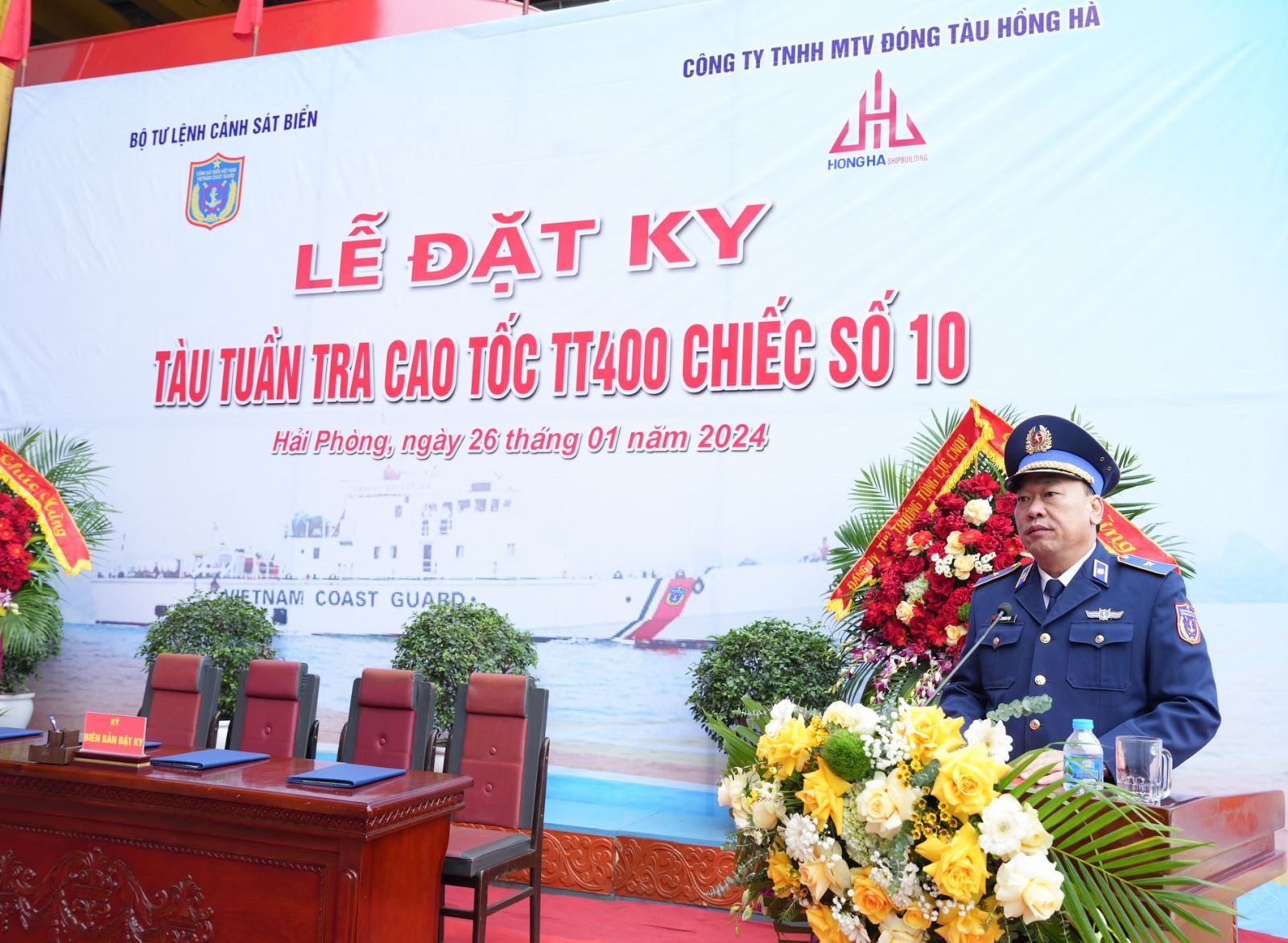 Thiếu tướng Lê Quang Đạo - Tư lệnh Cảnh sát biển Việt Nam phát biểu tại Lễ đặt ky. Ảnh: canhsatbien.vn