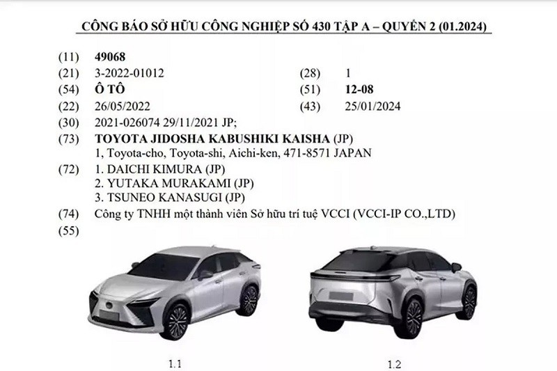 SUV điện hạng sang Lexus RZ đăng ký bảo hộ tại Việt Nam