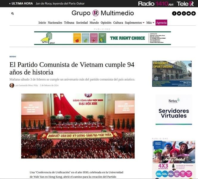 Bài báo ca ngợi Đảng Cộng sản Việt Nam nhân dịp 94 năm thành lập 3/2/1930-3/2/2024 đăng trên báo điện tử ra ngày 3/2 của tập đoàn truyền thông Uruguay Grupo Multimedio