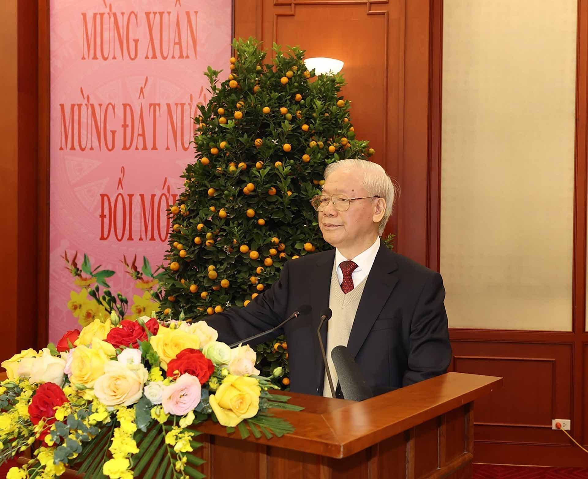 Tổng Bí thư Nguyễn Phú Trọng phát biểu chúc Tết Nguyên đán Giáp Thìn 2024. (Nguồn: TTXVN)