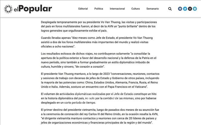 Báo chí Uruguay đưa tin về đánh giá và yêu cầu của Tổng Bí thư Nguyễn Phú Trọng đối với sự phát triển của Việt Nam. Báo điện tử El Pueblo (Nhân Dân), cơ quan ngôn luận Đảng Cộng sản Uruguay đăng bài trả lời phỏng vấn TTXVN của Tổng Bí thư Nguyễn Phú Trọng. Ảnh: TTXVN