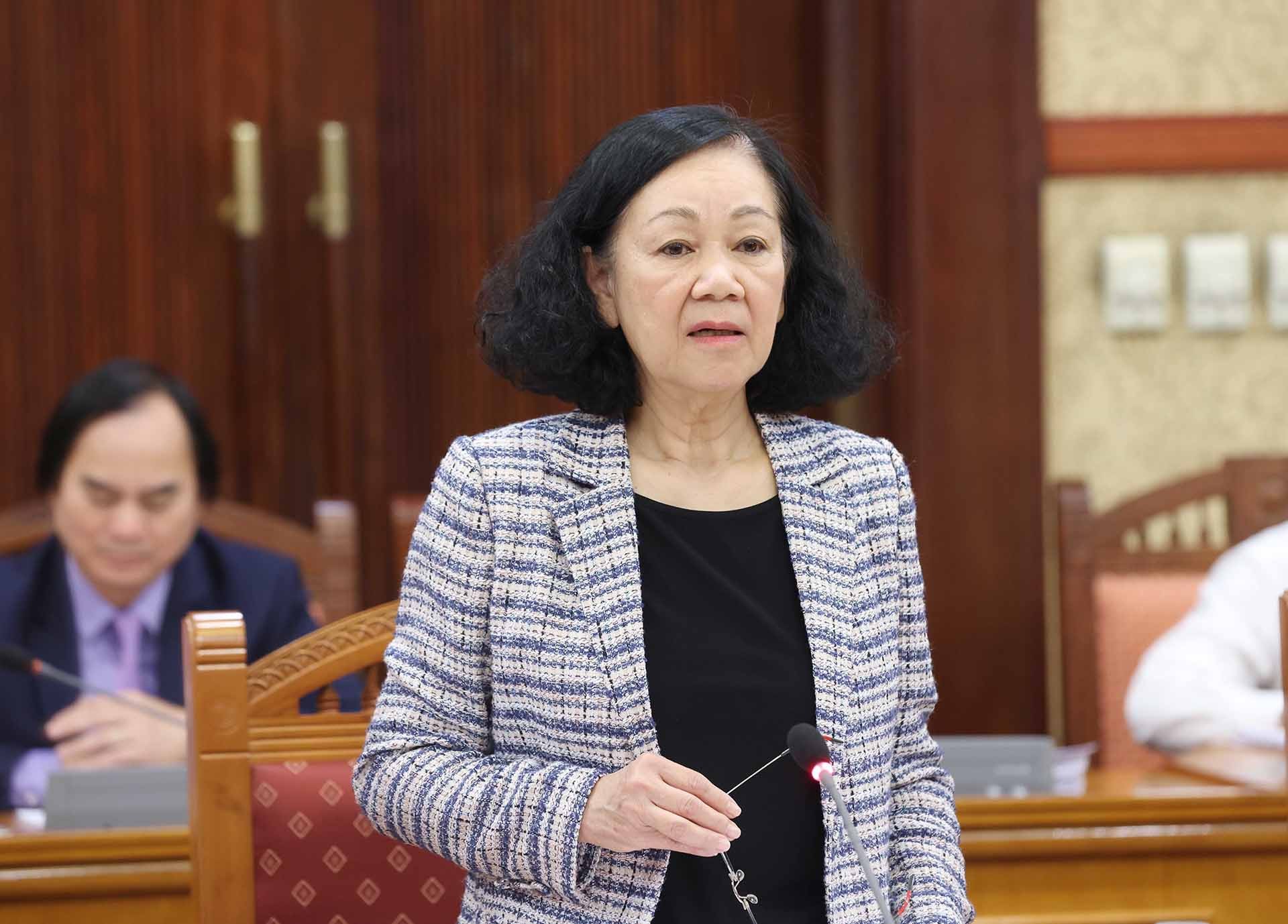 Đồng chí Trương Thị Mai, Ủy viên Bộ Chính trị, Thường trực Ban Bí thư, Trưởng ban Tổ chức Trung ương phát biểu chỉ đạo hội nghị. (Nguồn: TTXVN)