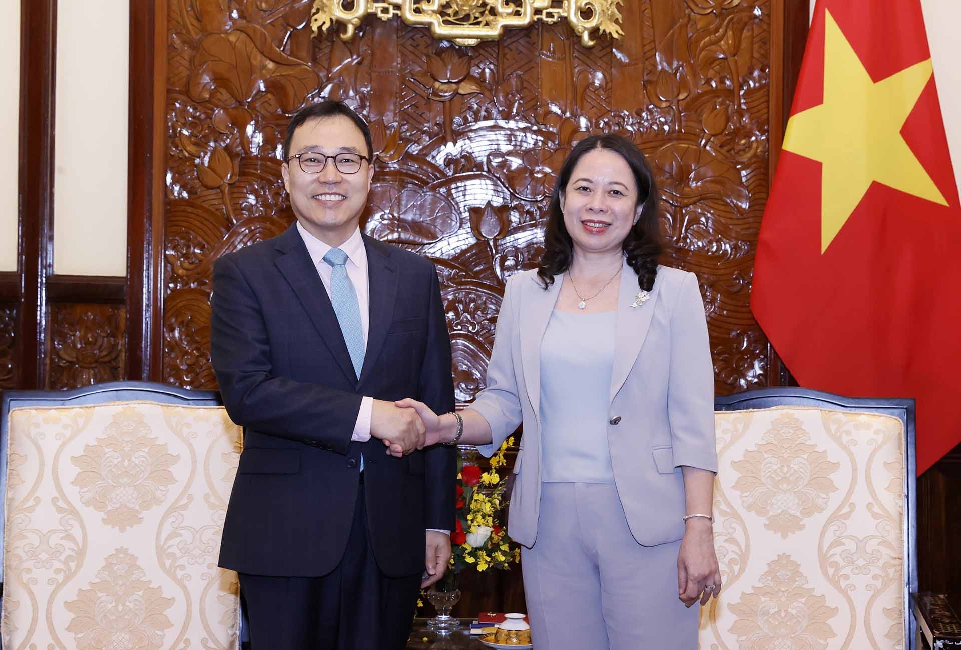Phó Chủ tịch nước Võ Thị Ánh Xuân tiếp Đại sứ Hàn Quốc tại Việt Nam Choi Young Sam. (Nguồn: TTXVN)