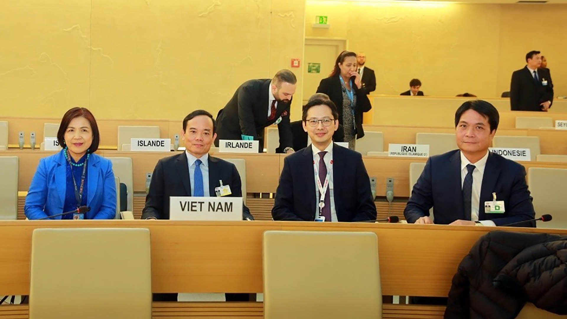Ngày 27/2/2023, Phó Thủ tướng Trần Lưu Quang dẫn đầu đoàn đại biểu Việt Nam tham dự và phát biểu tại phiên họp cấp cao Khoá 52 Hội đồng Nhân quyền LHQ tại Geneva. (Nguồn: VGP)