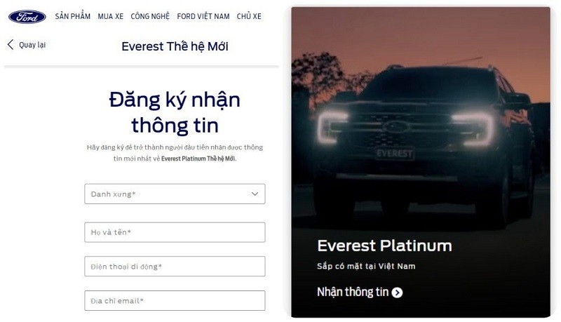 Website chính thức của Ford Việt Nam xác nhận thông tin sắp ra mắt Everest Platinum.