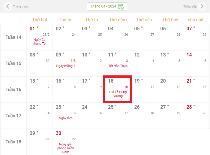 Lịch nghỉ Giỗ Tổ Hùng Vương (Mùng 10 tháng 3 Âm lịch) năm 2024