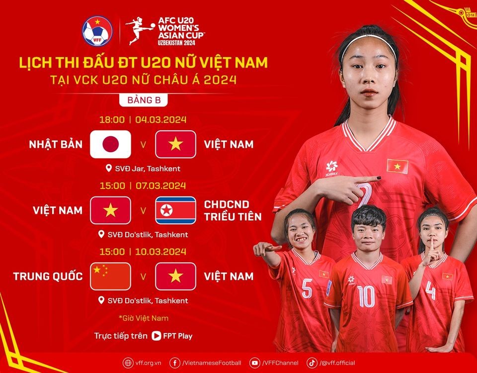 VCK U20 nữ châu Á 2024: Xem trực tiếp trận đấu U20 nữ Việt Nam và U20 nữ Nhật Bản
