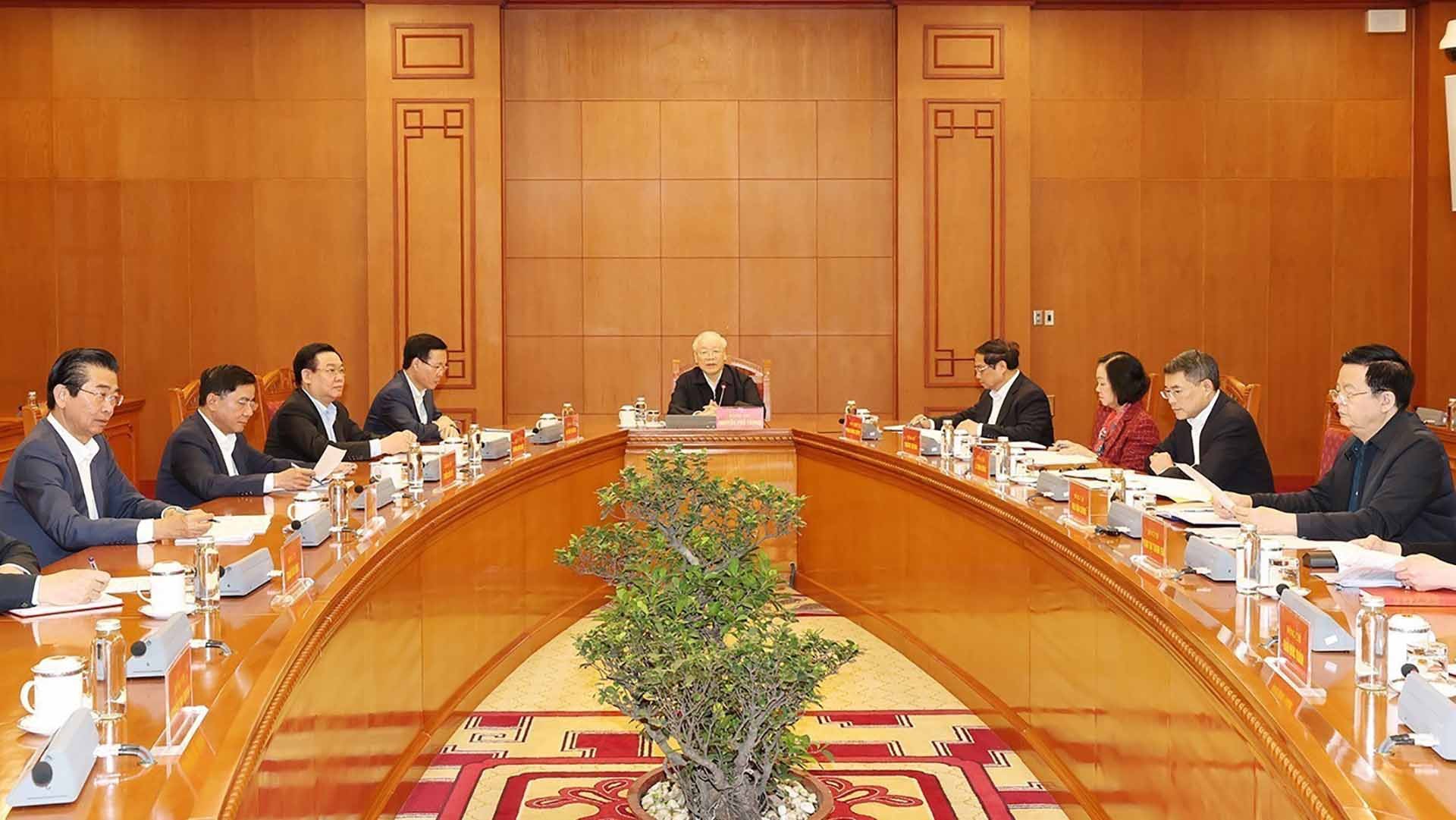 Tổng Bí thư Nguyễn Phú Trọng, Trưởng Tiểu ban Nhân sự Đại hội XIV của Đảng chủ trì phiên họp. (Nguồn: TTXVN)