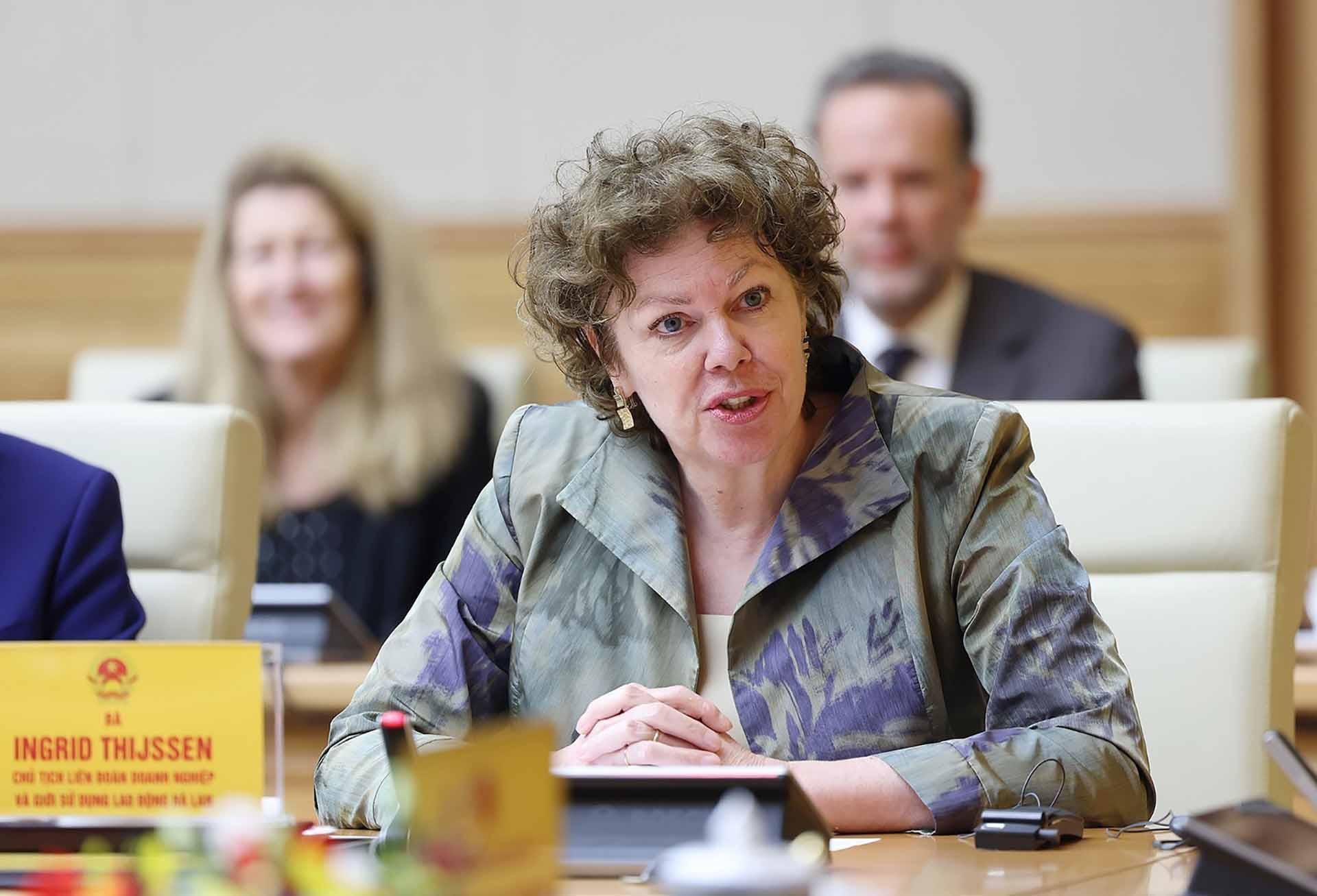 Bà Ingrid Thijssen, Chủ tịch Liên đoàn giới chủ và công nghiệp Hà Lan phát biểu. (Nguồn: TTXVN)