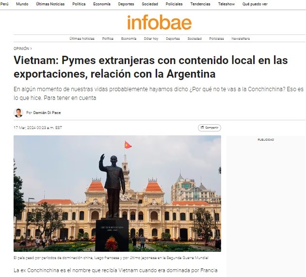 Báo Argentina đánh giá cao những thành tựu kinh tế của Việt Nam. Ảnh chụp màn hình bài viết